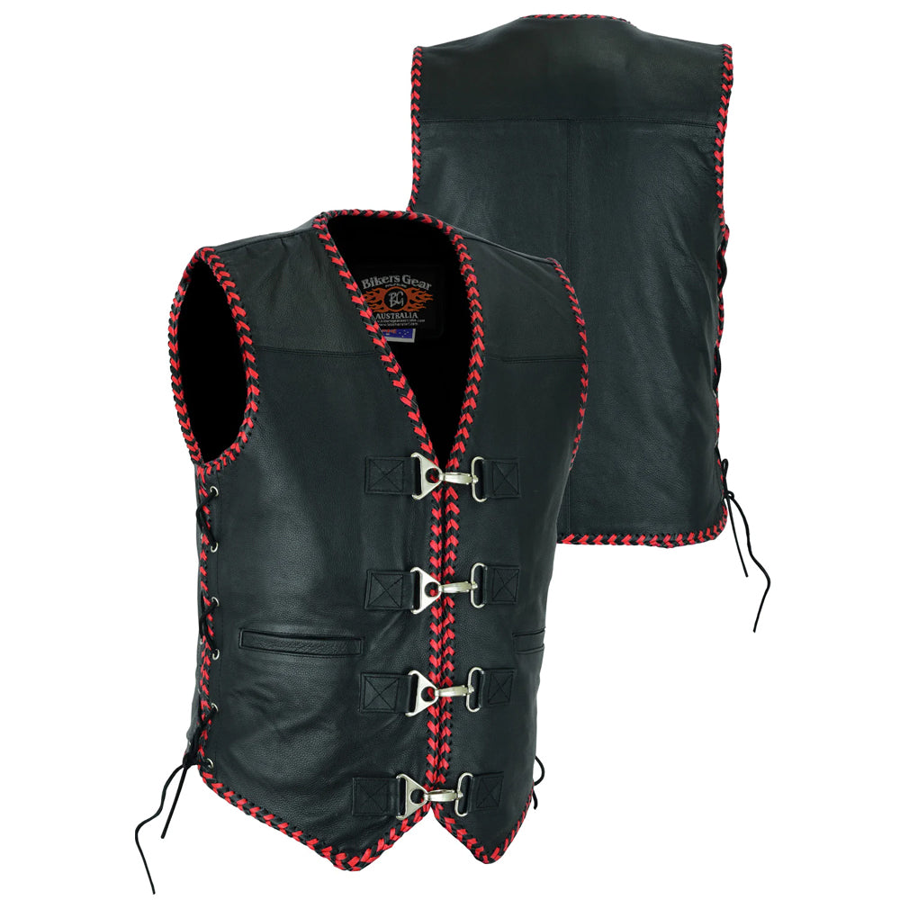 thumbnail interactive-video image 1 of Furious Men's Motorcycle Leather Vest - Braided Red & Yellow Accents - Adjustable Fit (XXXS To 12XL) 1 of 3