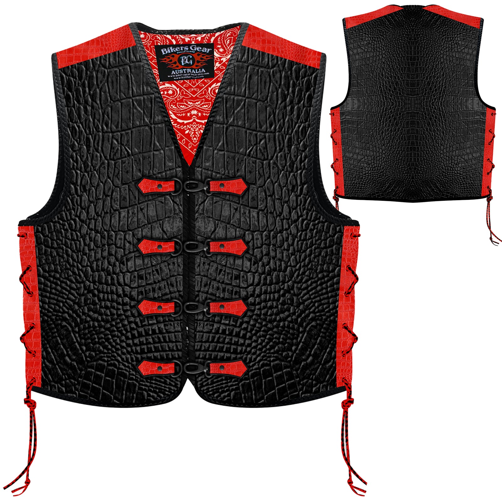 Biker Gear Australia Metal Clip Crocodile Pattern HD Leather Motorcycle Vest