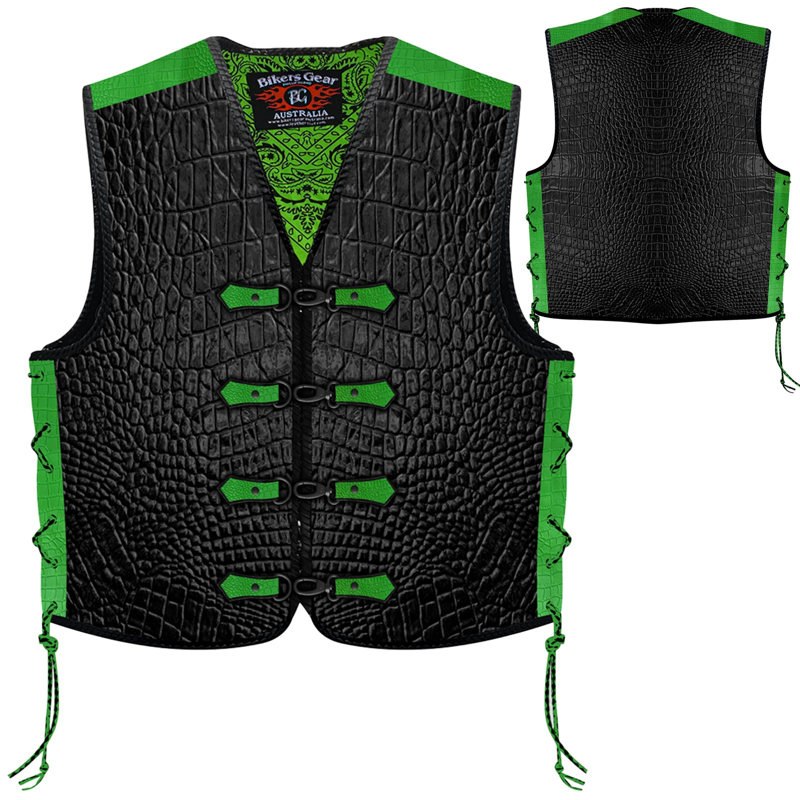 Biker Gear Australia Metal Clip Crocodile Pattern HD Leather Motorcycle Vest