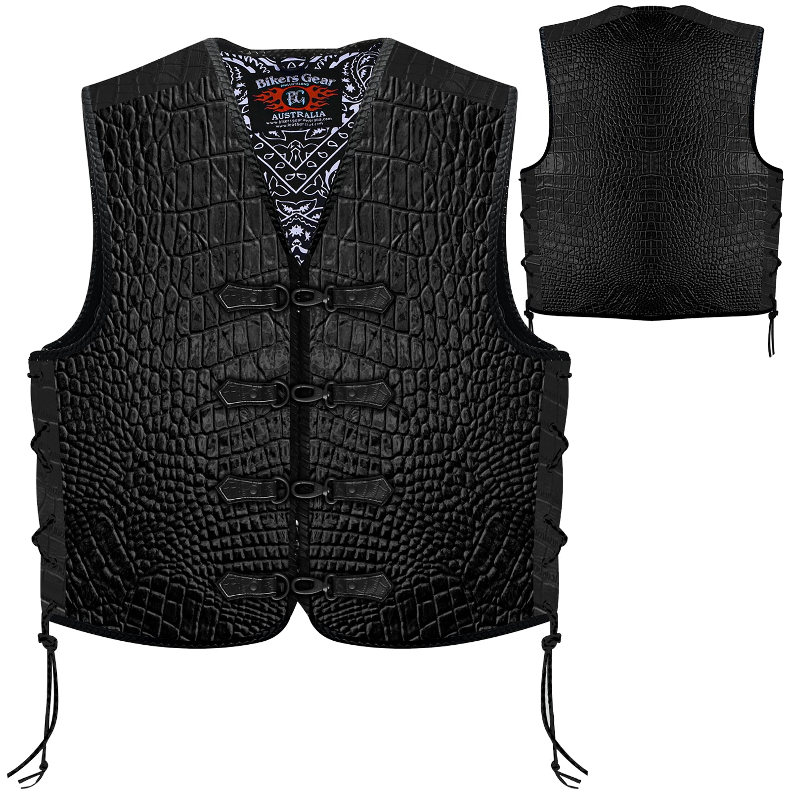 Biker Gear Australia Metal Clip Crocodile Pattern HD Leather Motorcycle Vest