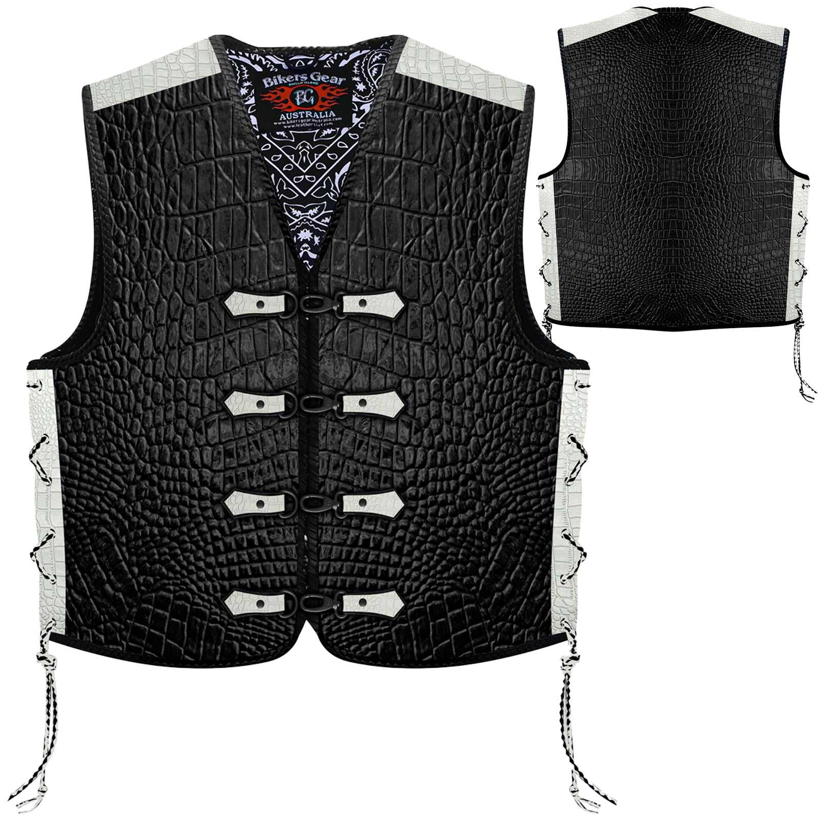 Biker Gear Australia Metal Clip Crocodile Pattern HD Leather Motorcycle Vest