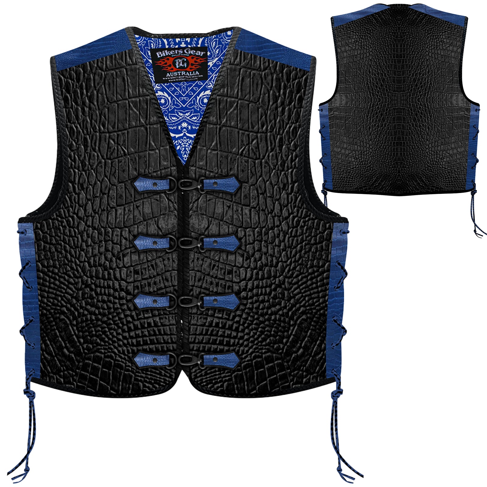 Biker Gear Australia Metal Clip Crocodile Pattern HD Leather Motorcycle Vest