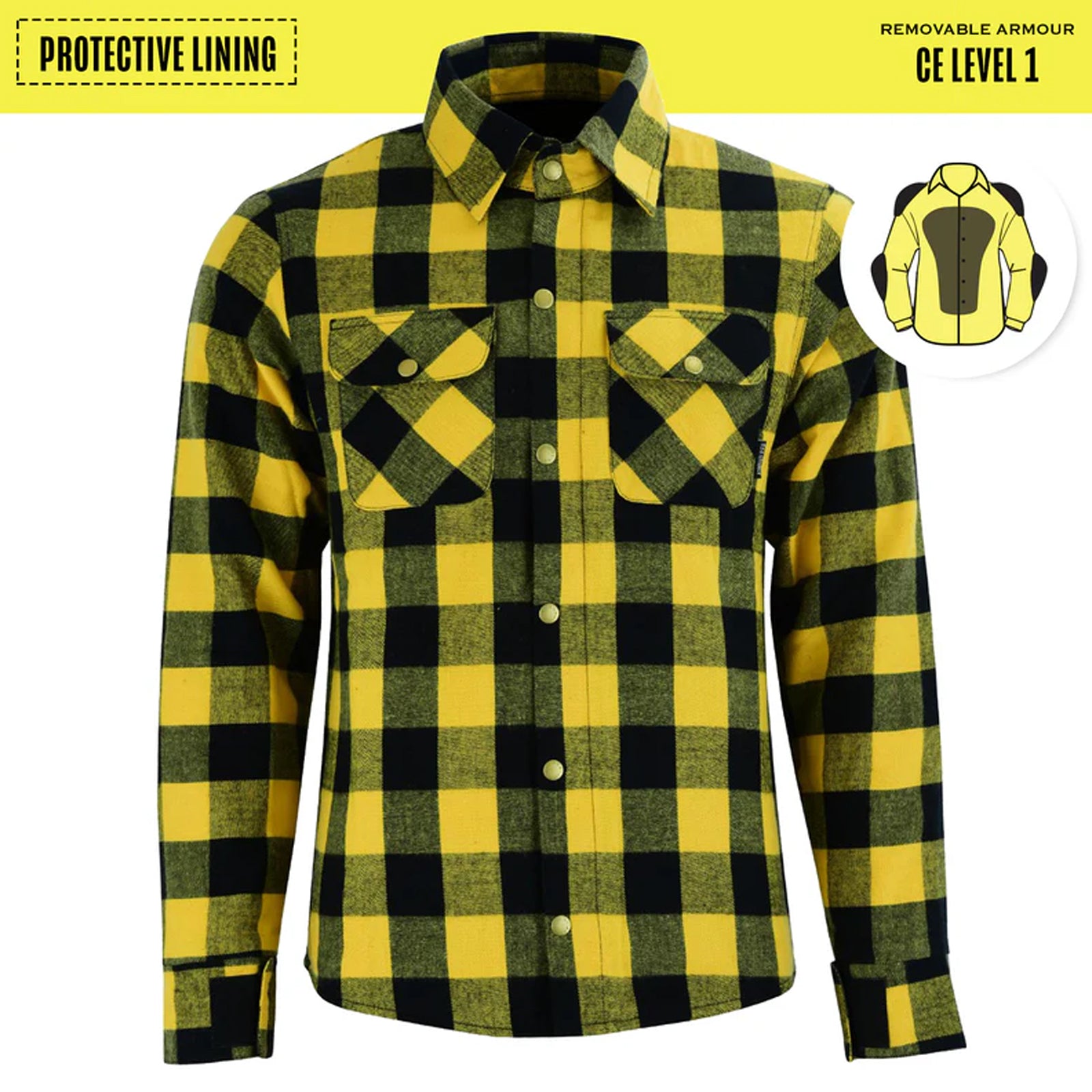 Johnny Reb Men's Waratah Motorcycle Protective Shirt Yellow/Black Check