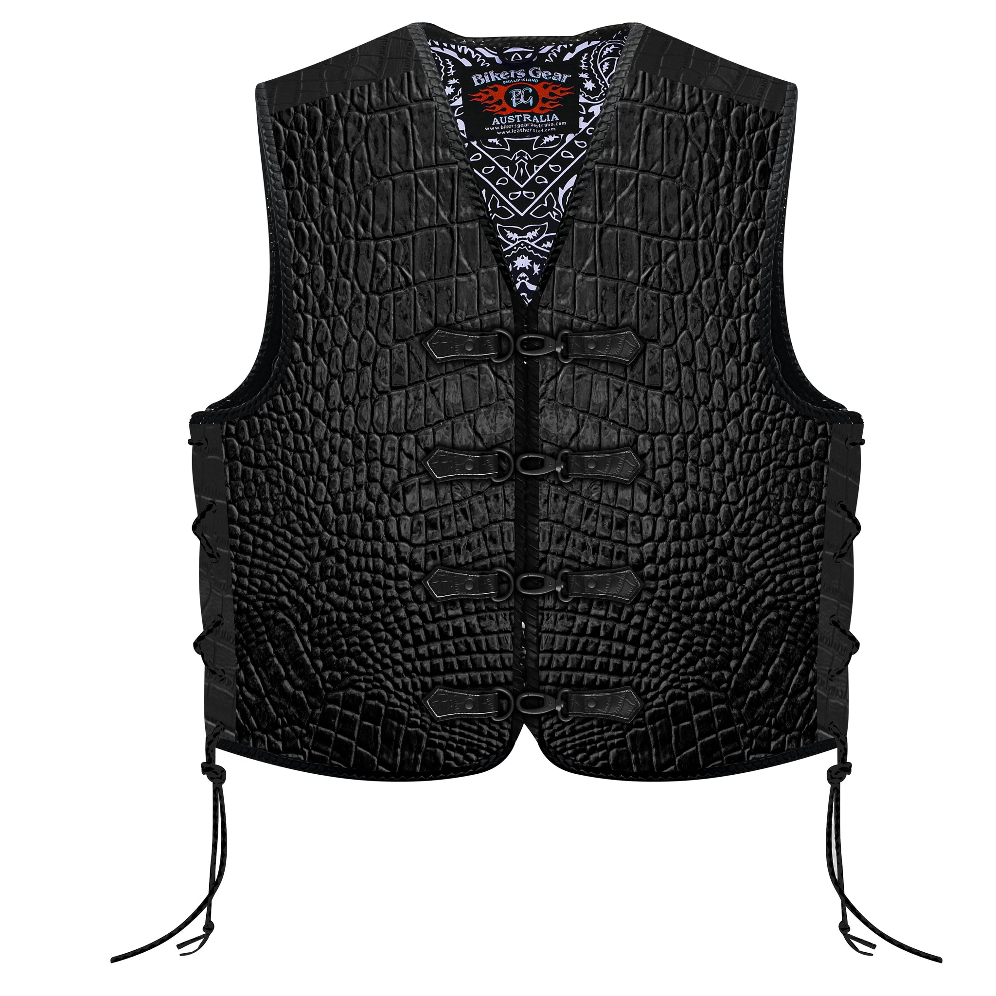 Biker Gear Australia Metal Clip Crocodile Pattern HD Leather Motorcycle Vest