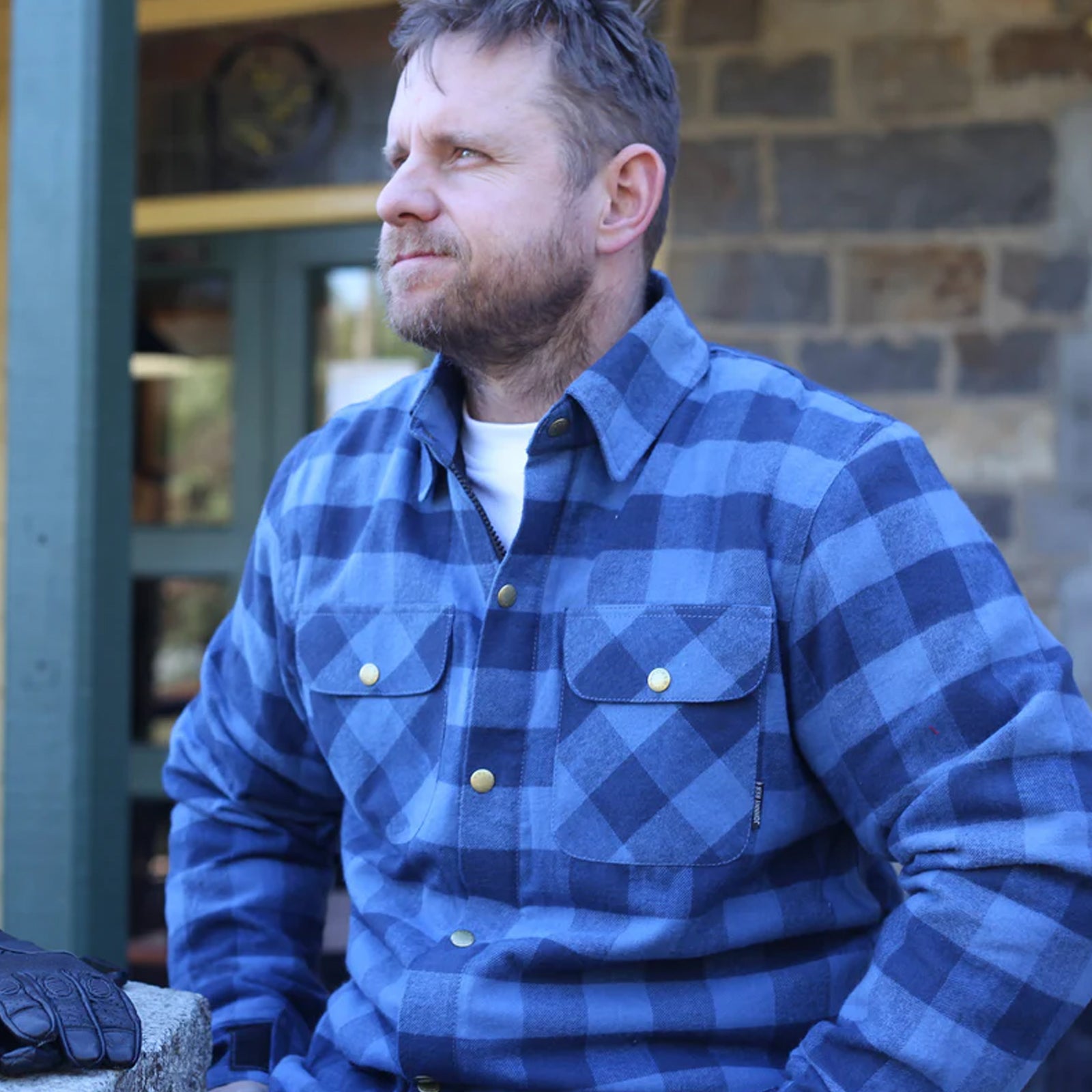 Johnny Reb Men's Waratah Motorcycle Protective Shirt Navy/Blue Check