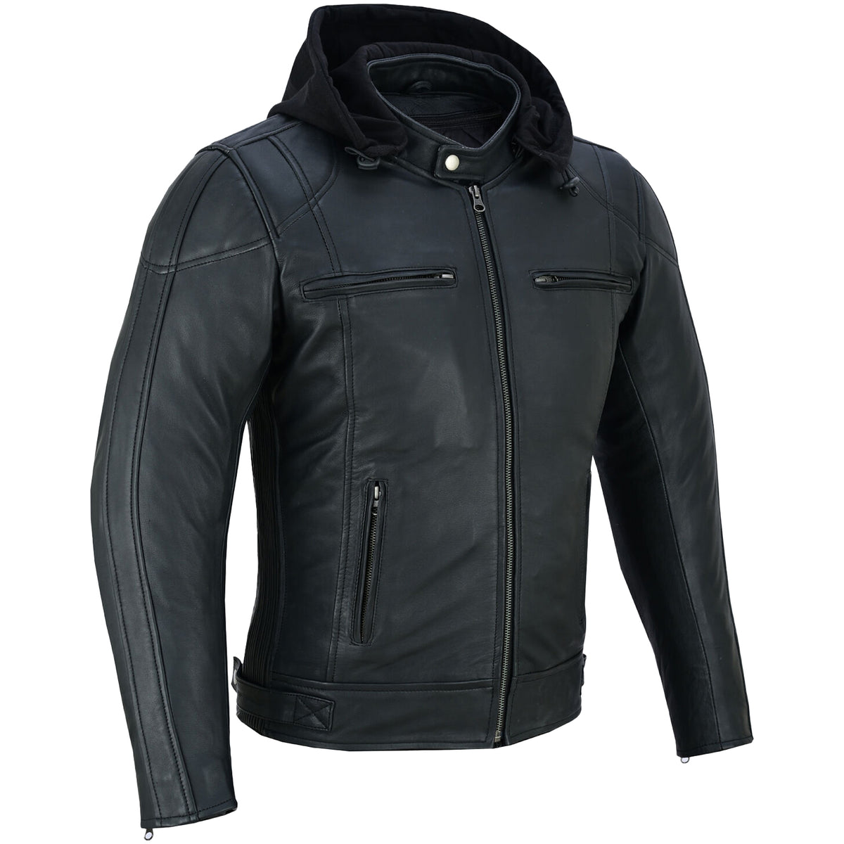 Bikers Gear Australia Mens Duffy Ultra Soft Fit Hooded Leather Motorcycle Jacket