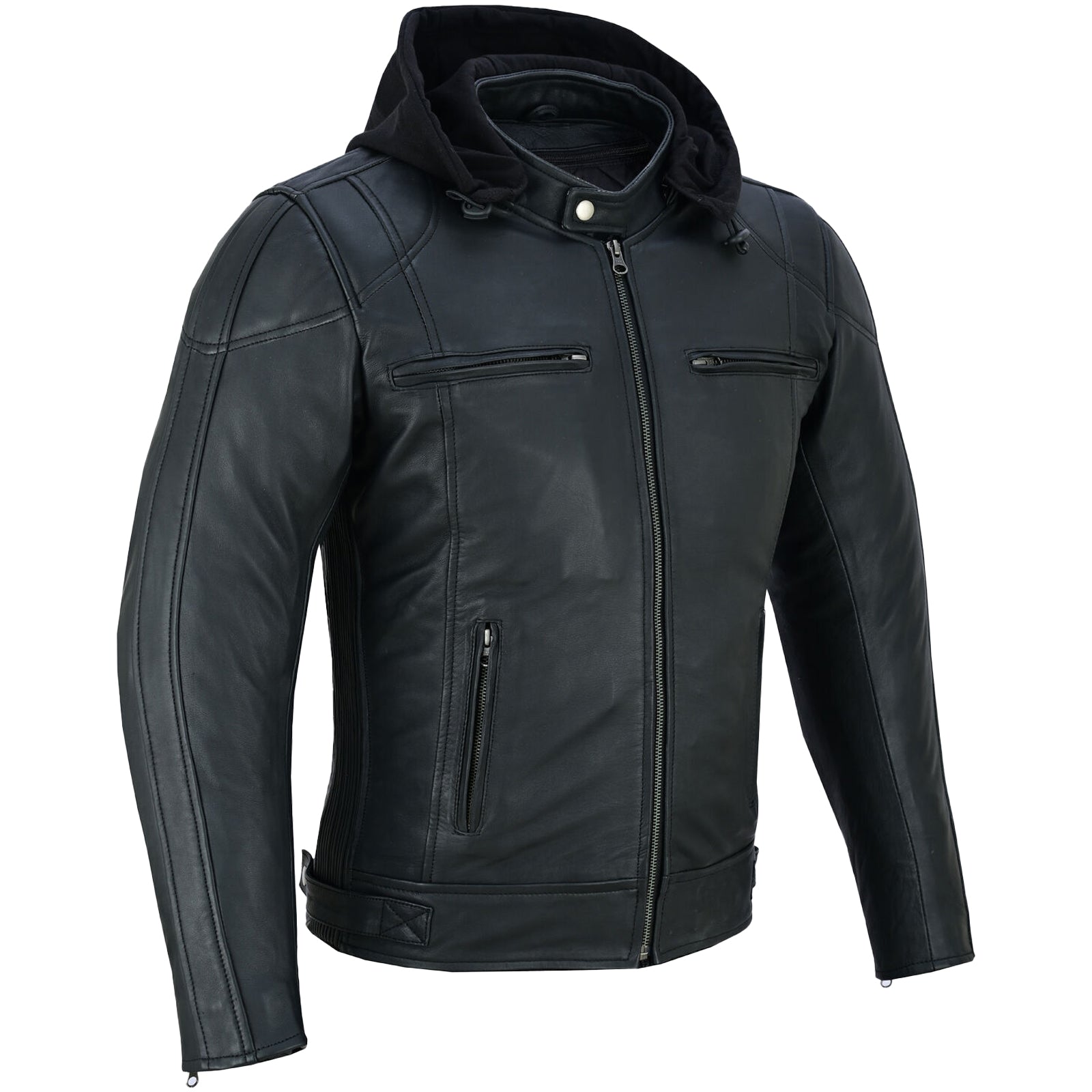 Bikers Gear Australia Mens Duffy Ultra Soft Fit Hooded Leather Motorcycle Jacket