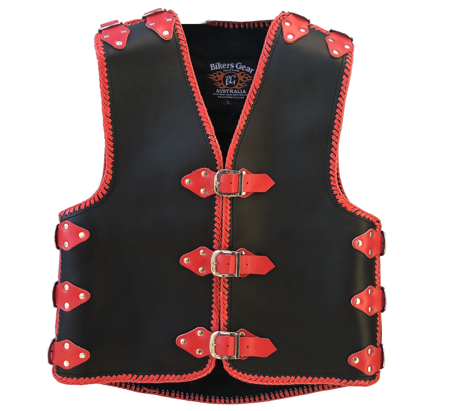 Bikers Gear Australia Hunt 3-4mm HD Leather Braided Motorcycle Club Vest Red Braiding & Buckles