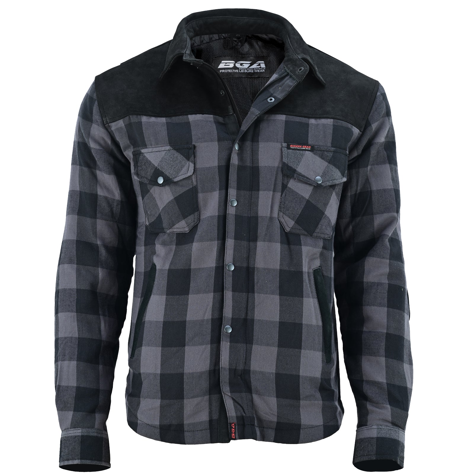 Bikers Gear Australia CE Rifster Kevlar Lined Flannel Motorcycle Shirt Leather outside Pockets Black Grey