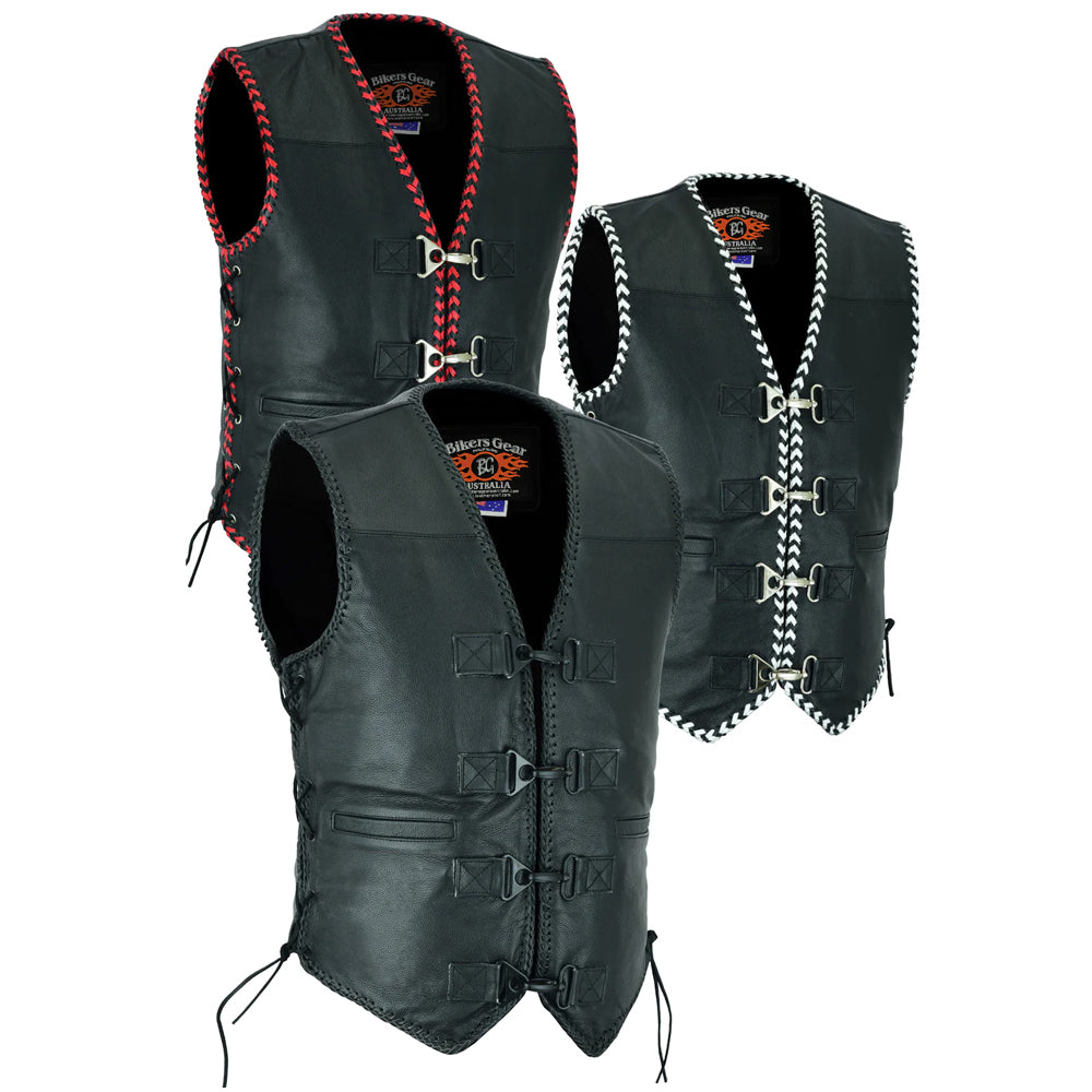 Bikers Gear Australia Men's Rider Leather Motorcycle Vest Red/Black Braided