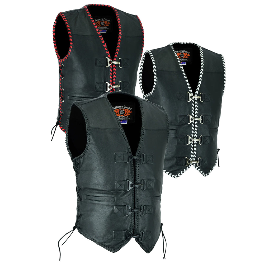 Bikers Gear Australia Men's Rider Leather Clip Motorcycle Vest Black Braided