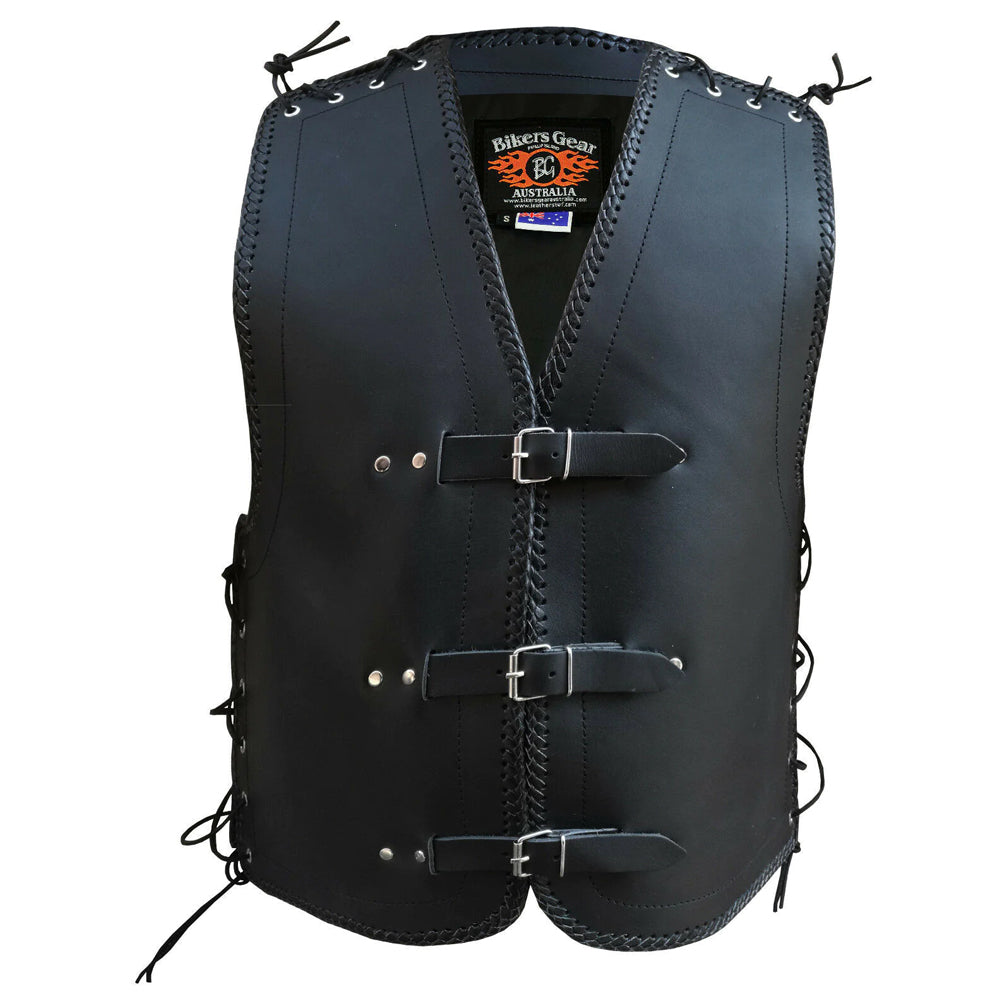 Bikers Gear Australia Vigor HD 3-4mm Leather Motorcycle Vest NZ Black