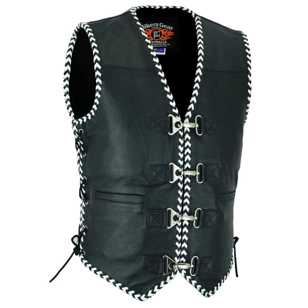 Bikers Gear Australia Men's Rider Leather Motorcycle Vest White/Black Braided