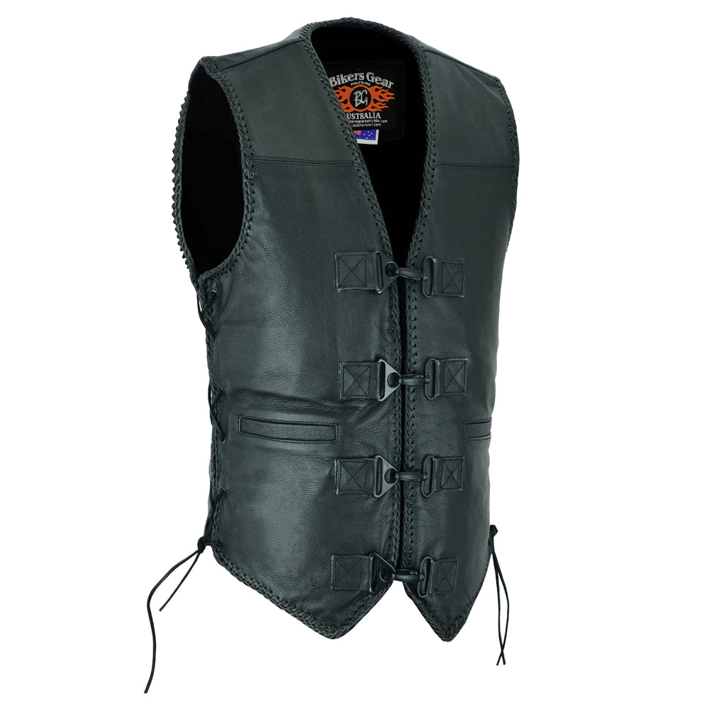 Bikers Gear Australia Men's Rider Leather Clip Motorcycle Vest Black Braided