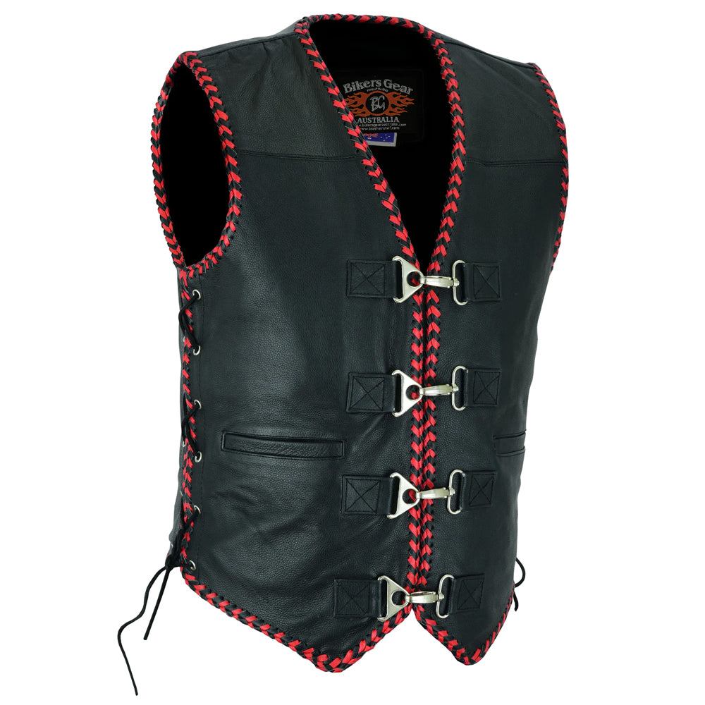 Bikers Gear Australia Men's Rider Leather Motorcycle Vest Red/Black Braided