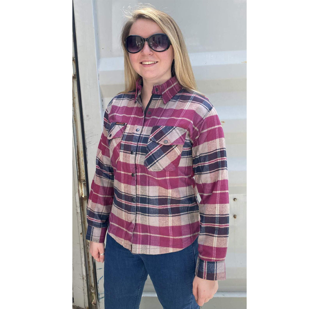 Bikers Gear Australia Brat Lady Motorcycle Flannel Shirts Pink/Grey