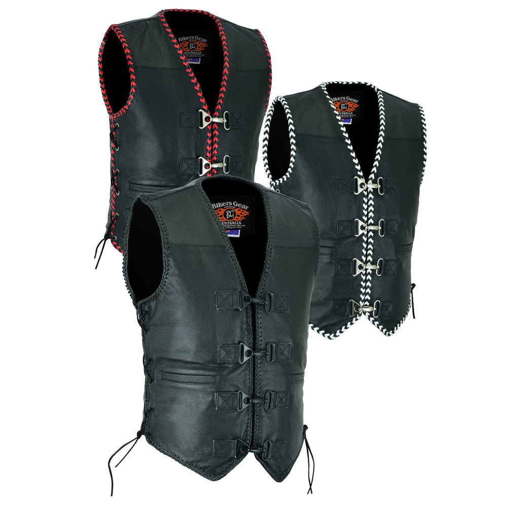 Bikers Gear Australia Men's Rider Leather Motorcycle Vest White/Black Braided