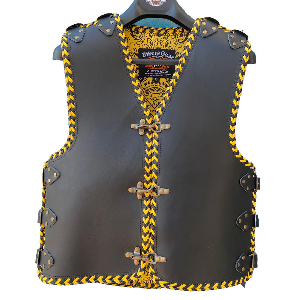 Bikers Gear Australia Atlas 3-4mm HD Leather Motorcycle Braided Club Vest Yellow Braiding