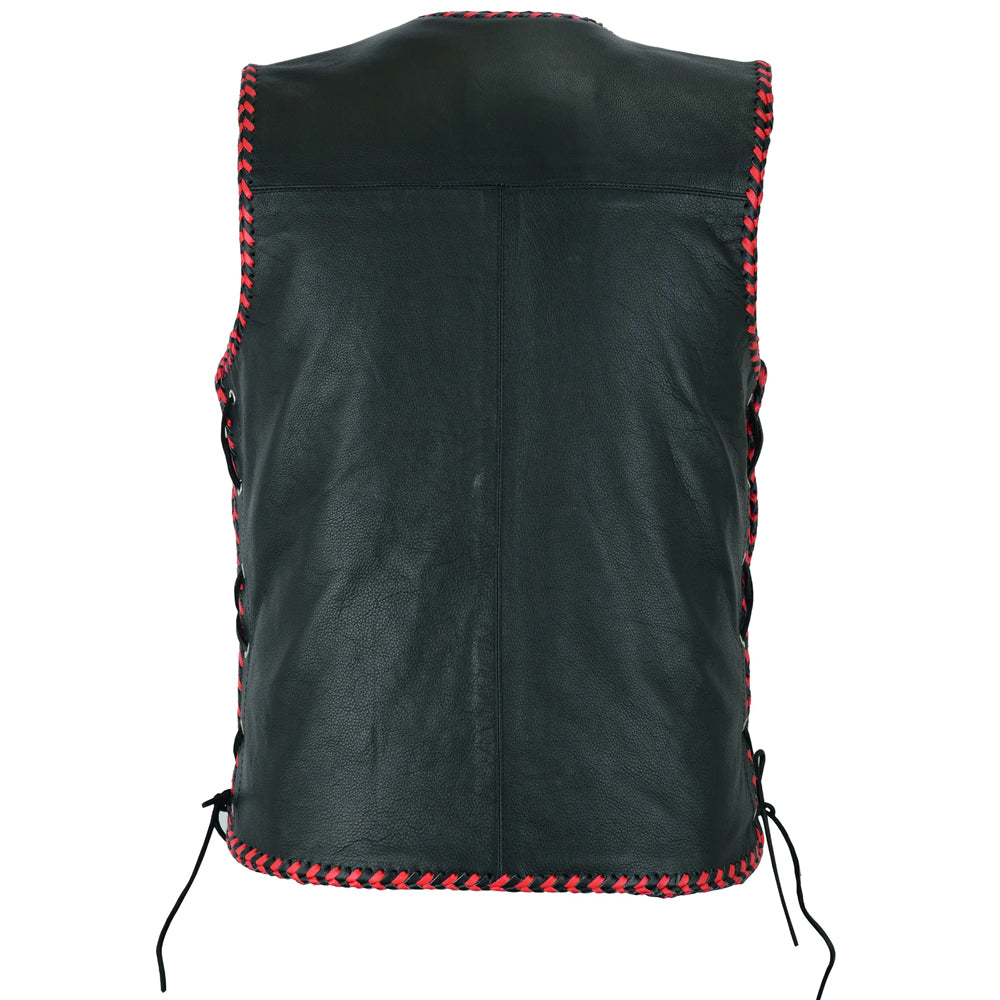 Bikers Gear Australia Men's Rider Leather Motorcycle Vest Red/Black Braided