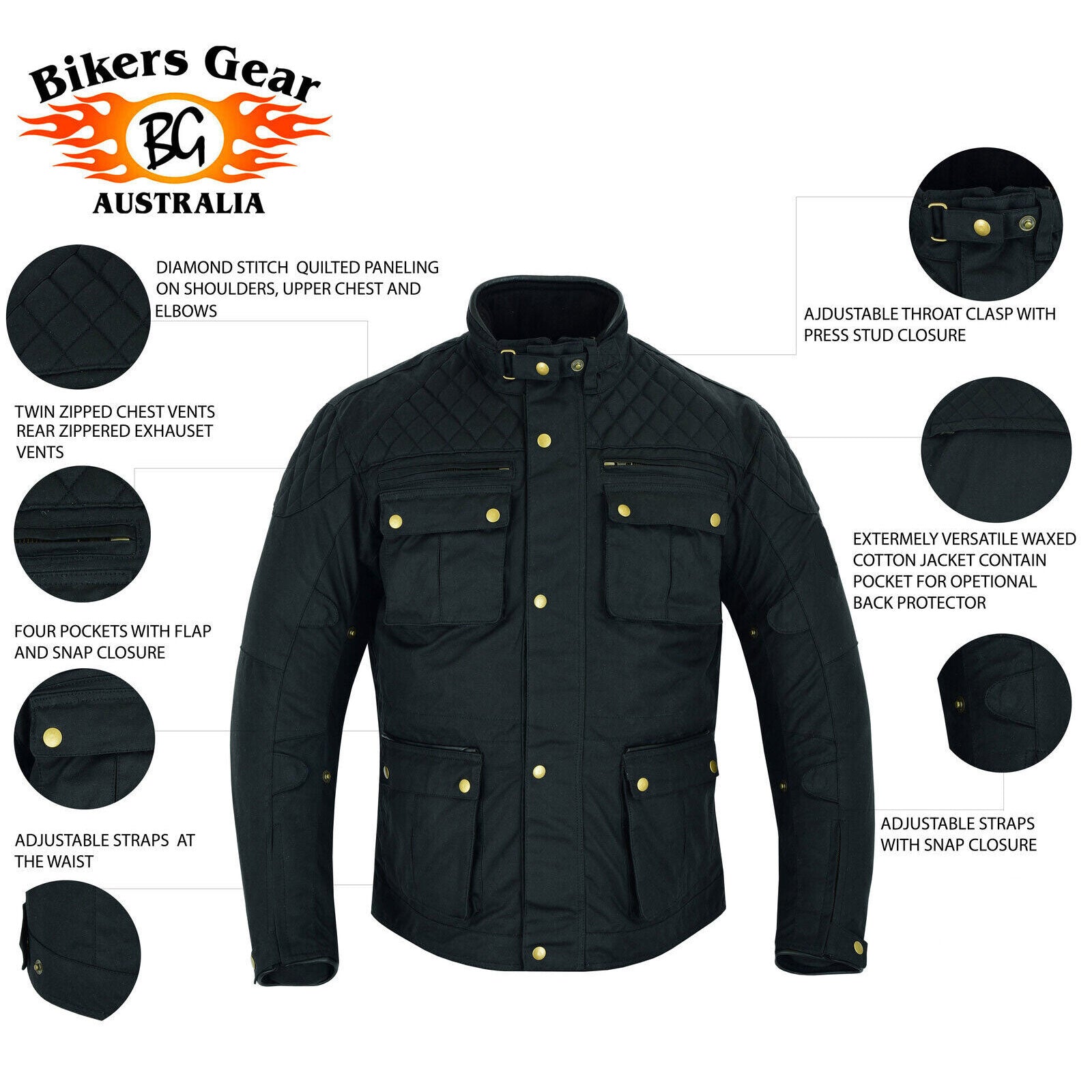 Black Classic Retro Wax Cotton Belstaff Style Motorbike Jacket