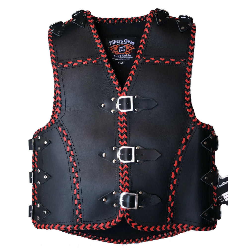 Bikers Gear Australia Doxley 3-4mm HD Leather Motorcycle Club Vest Red Braiding