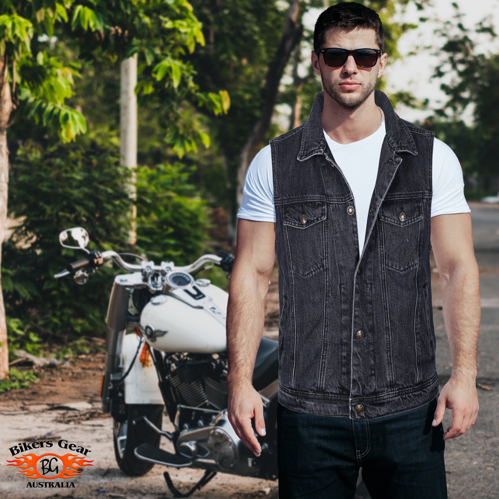 Bikers Gear Australia Jaguar Denim Motorcycle Vest Black