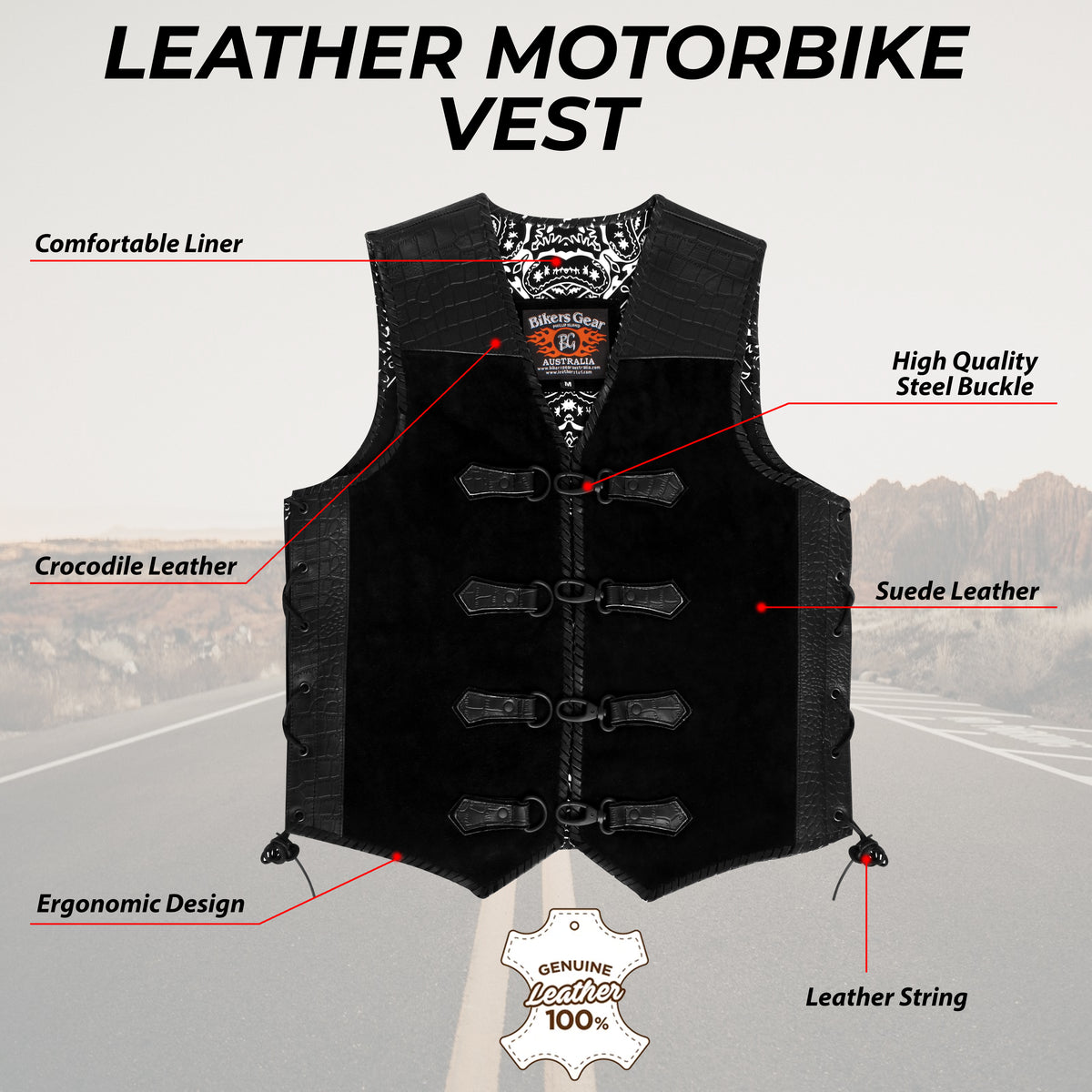 Bikers Gear Australia Crocodile Pattern Suede Leather Motorcycle Vest CLIPS (BLACK)