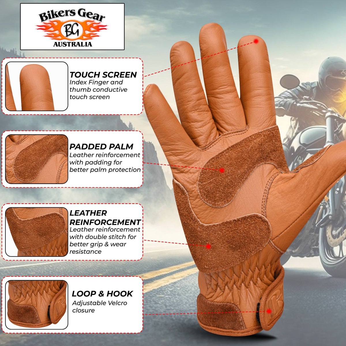 Bikers Gear Australia Rigger 2.0 Motorcycle leather Gloves brown