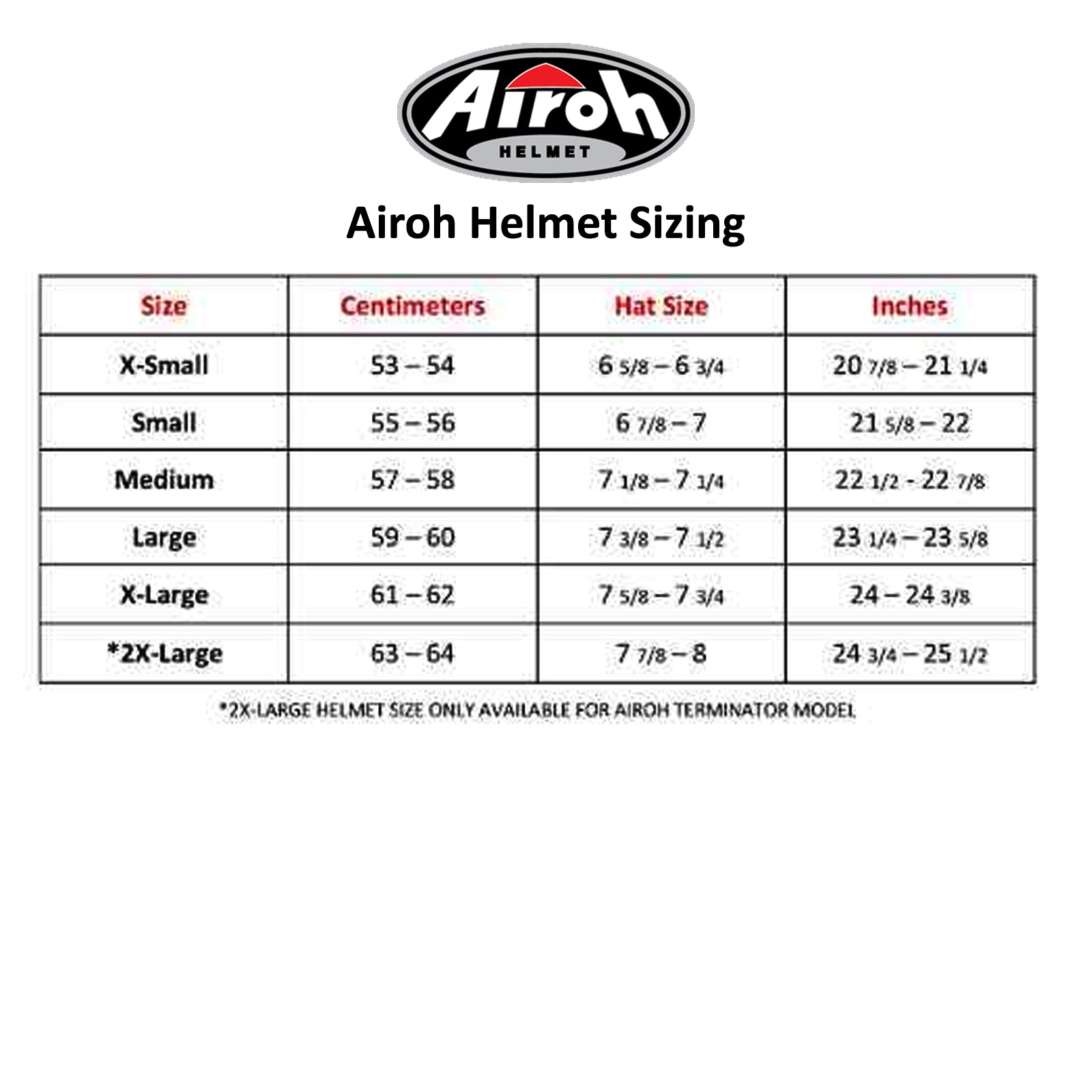 Airoh Off Road Motorcycle Helmet Twist 3.0 Arcade Matt Size Chart