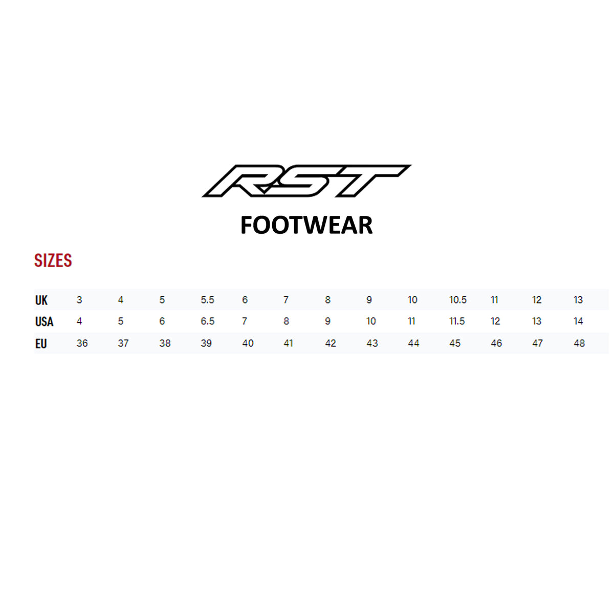RST Axiom Mid Height Mens WP Motorcycle Boots Size Chart