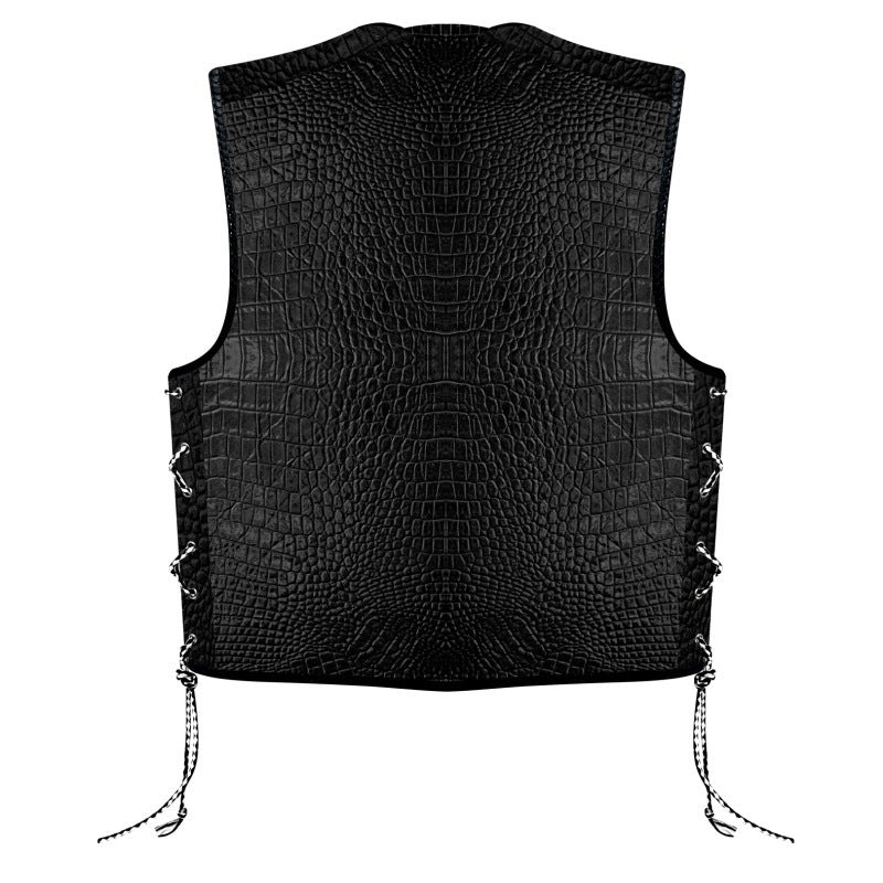 Biker Gear Australia Crocodile Pattern HD Leather Motorcycle Vest Black Front zip