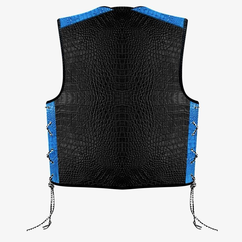 Biker Gear Australia Crocodile Pattern HD Leather Motorcycle Vest Black (Blue)