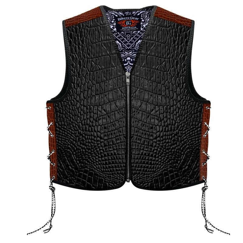 Biker Gear Australia Crocodile Pattern HD Leather Motorcycle Vest Black (Burgundy)