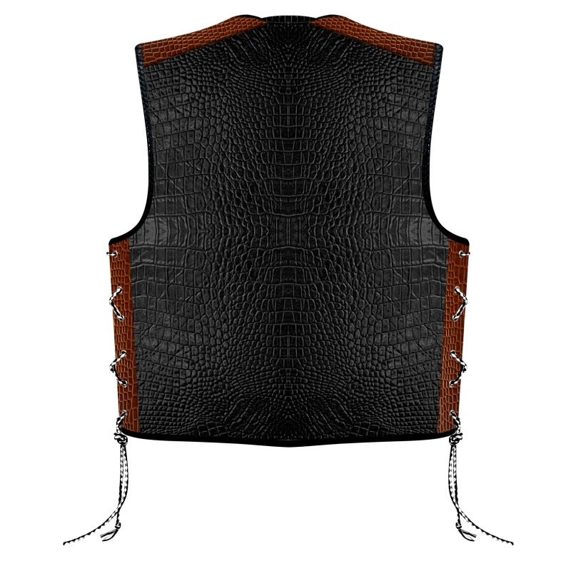 Biker Gear Australia Crocodile Pattern HD Leather Motorcycle Vest Black (Burgundy)