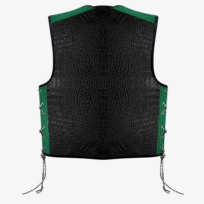 Biker Gear Australia Crocodile Pattern HD Leather Motorcycle Vest Black (Green)