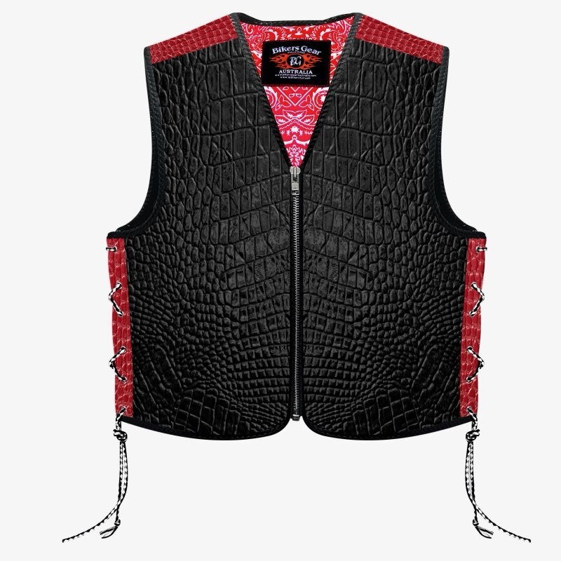 Biker Gear Australia Crocodile Pattern HD Leather Motorcycle Vest Black (Red)