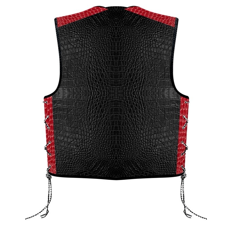 Biker Gear Australia Crocodile Pattern HD Leather Motorcycle Vest Black (Red)