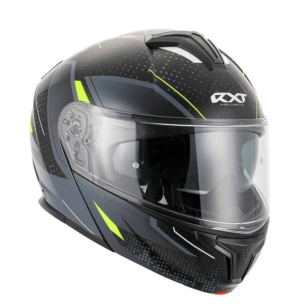 RXT 918 Flip Up Motorcycle Helmet Fusion Matt Black Grey Fluro