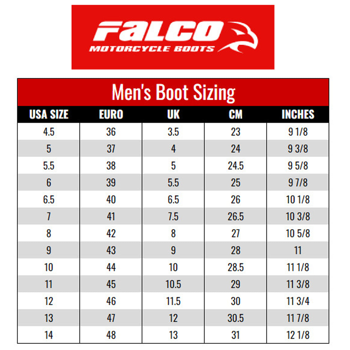 Mens Motorcycle boots Falco Avantour 2 Brown Size Chart