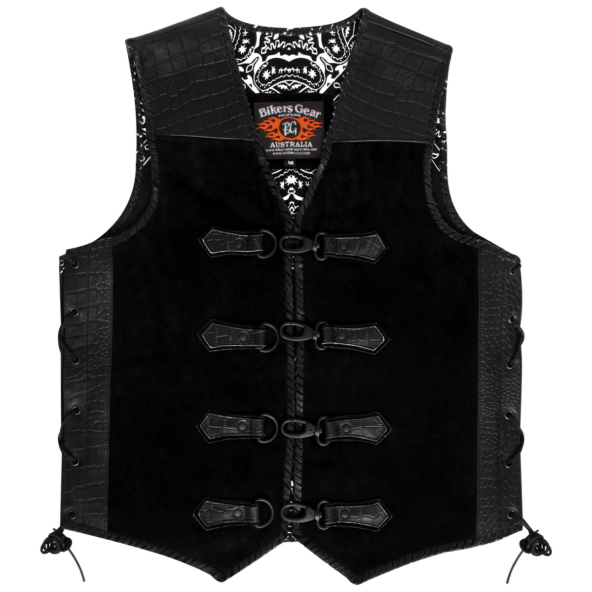 Bikers Gear Australia Crocodile Pattern Suede Leather Motorcycle Vest CLIPS (BLACK)