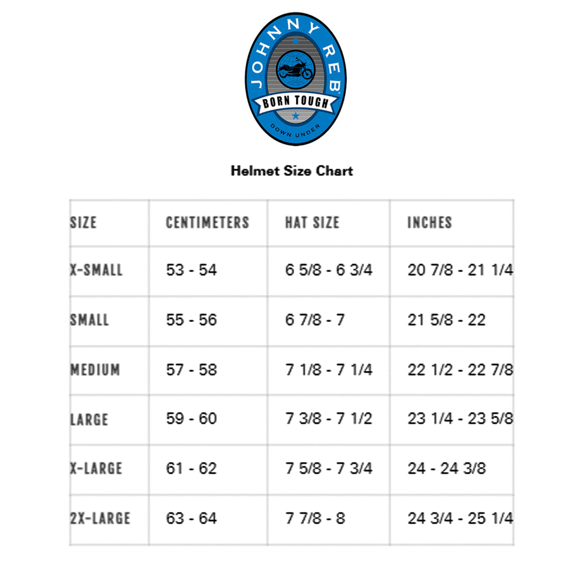 Johnny Open Face Helmet Reb Burke - Matte Black/Brown Lining Size Chart