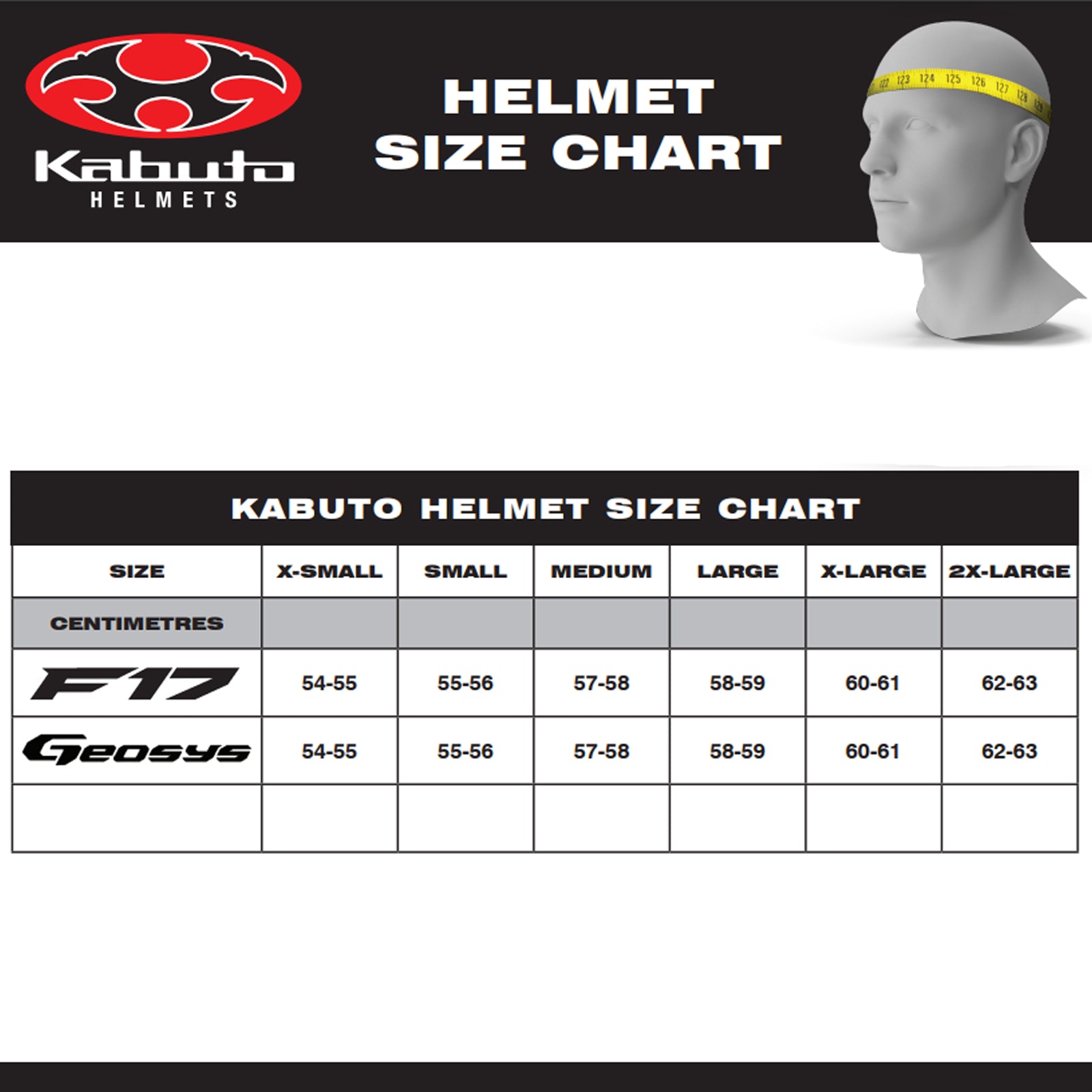 Kabuto F17 Gp Mips Motorcycle Helmet Flat Black Size chart