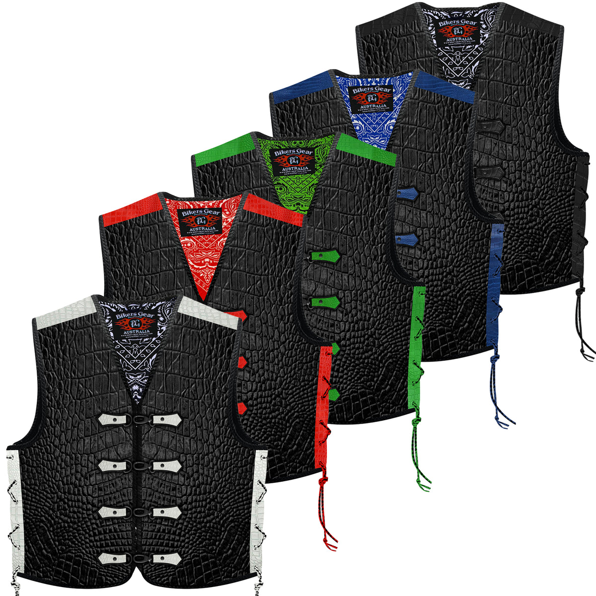 Bikers Gear Australia 3mm HD Crocodile Printed Pattern Leather Motorcycle Vest CLIPS