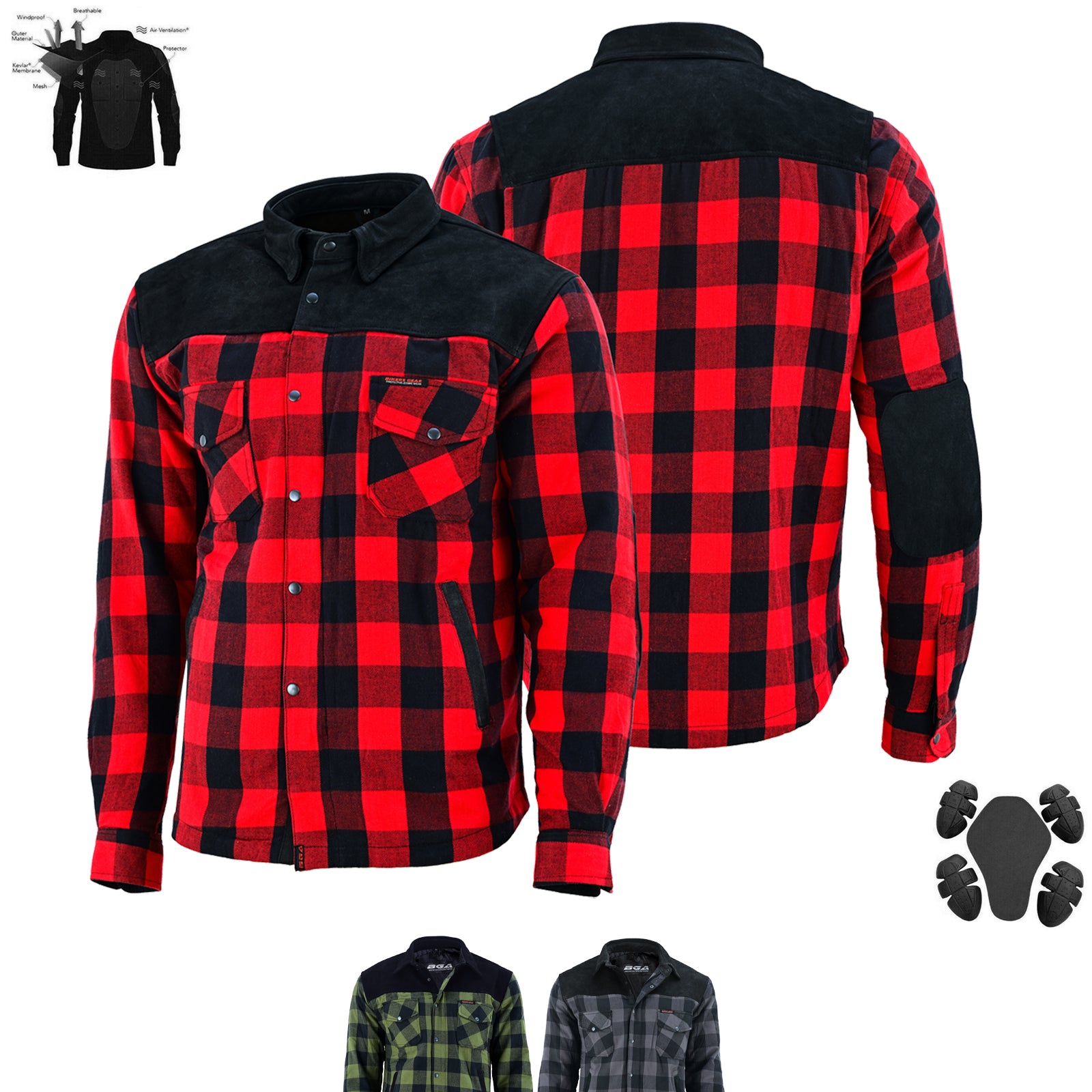 Bikers Gear Australia CE Rifster Kevlar Lined Flannel Motorcycle Shirt Leather outside Pockets