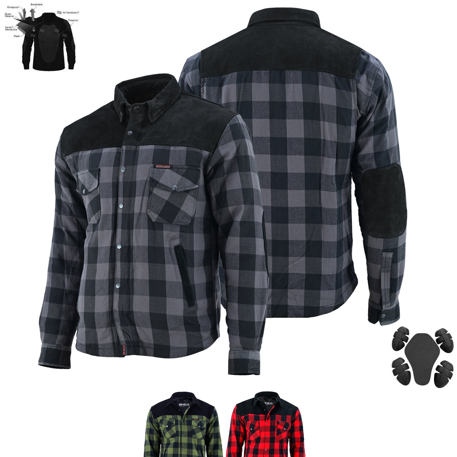 Bikers Gear Australia CE Rifster Kevlar Lined Flannel Motorcycle Shirt Leather outside Pockets