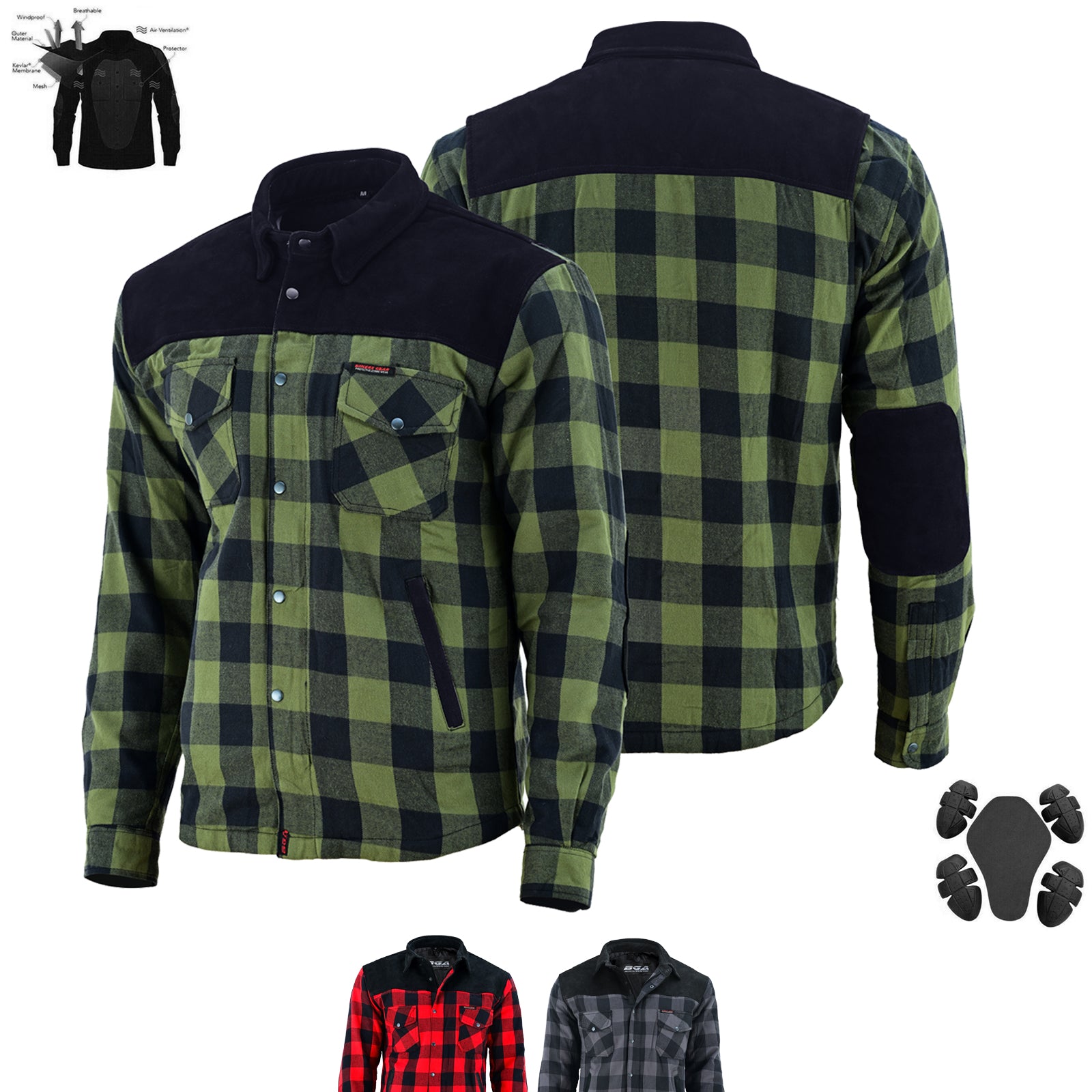 Bikers Gear Australia CE Rifster Kevlar Lined Flannel Motorcycle Shirt Leather outside Pockets