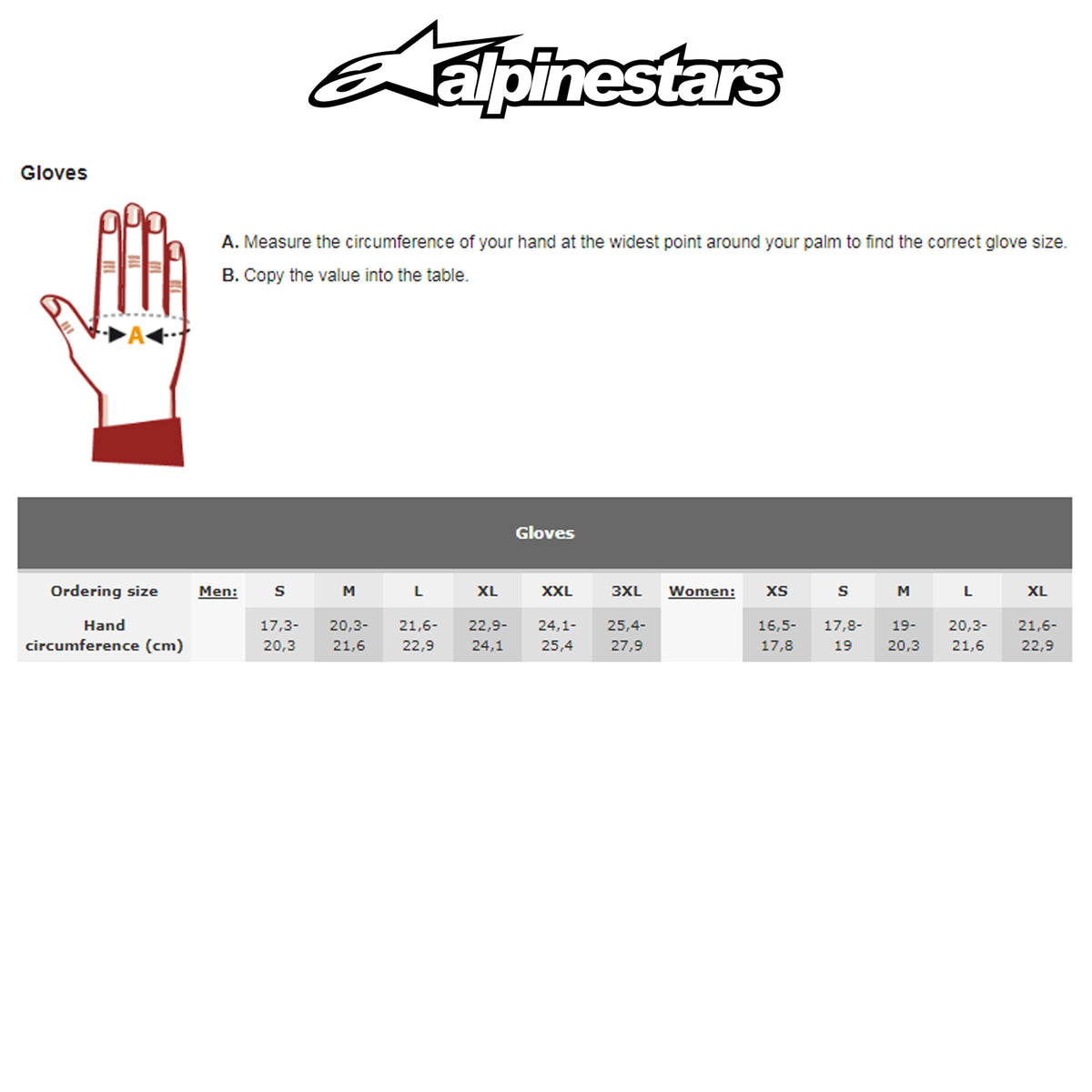 Alpinestars Motorcycle Glove SP2 V3 Sports Size Chart