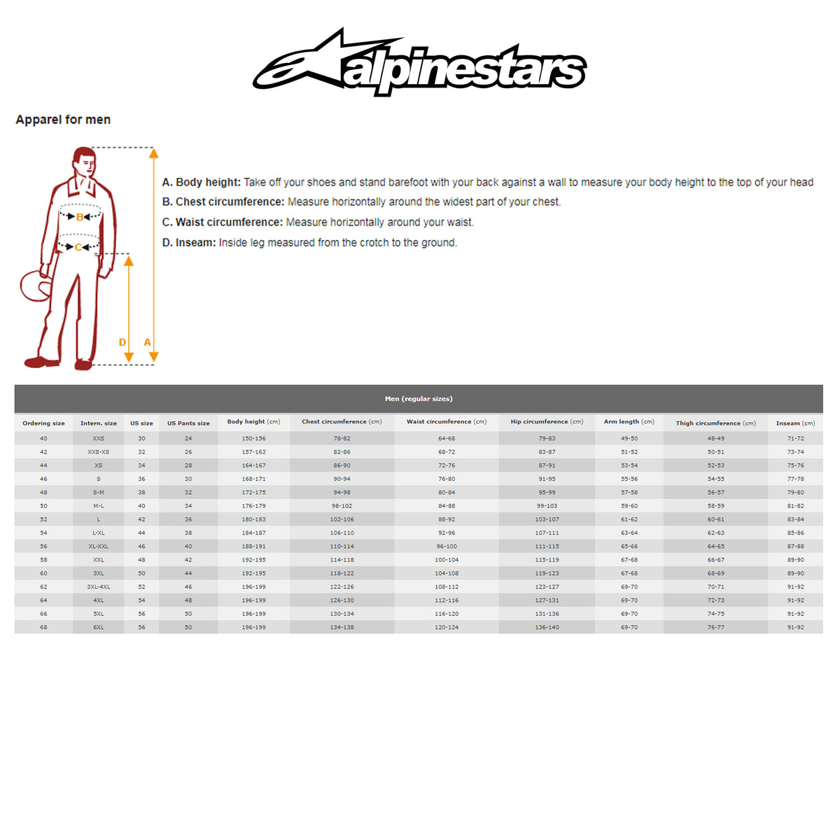 Alpinestars T SPS Air Motorcycle Textile Jacket Size Chart