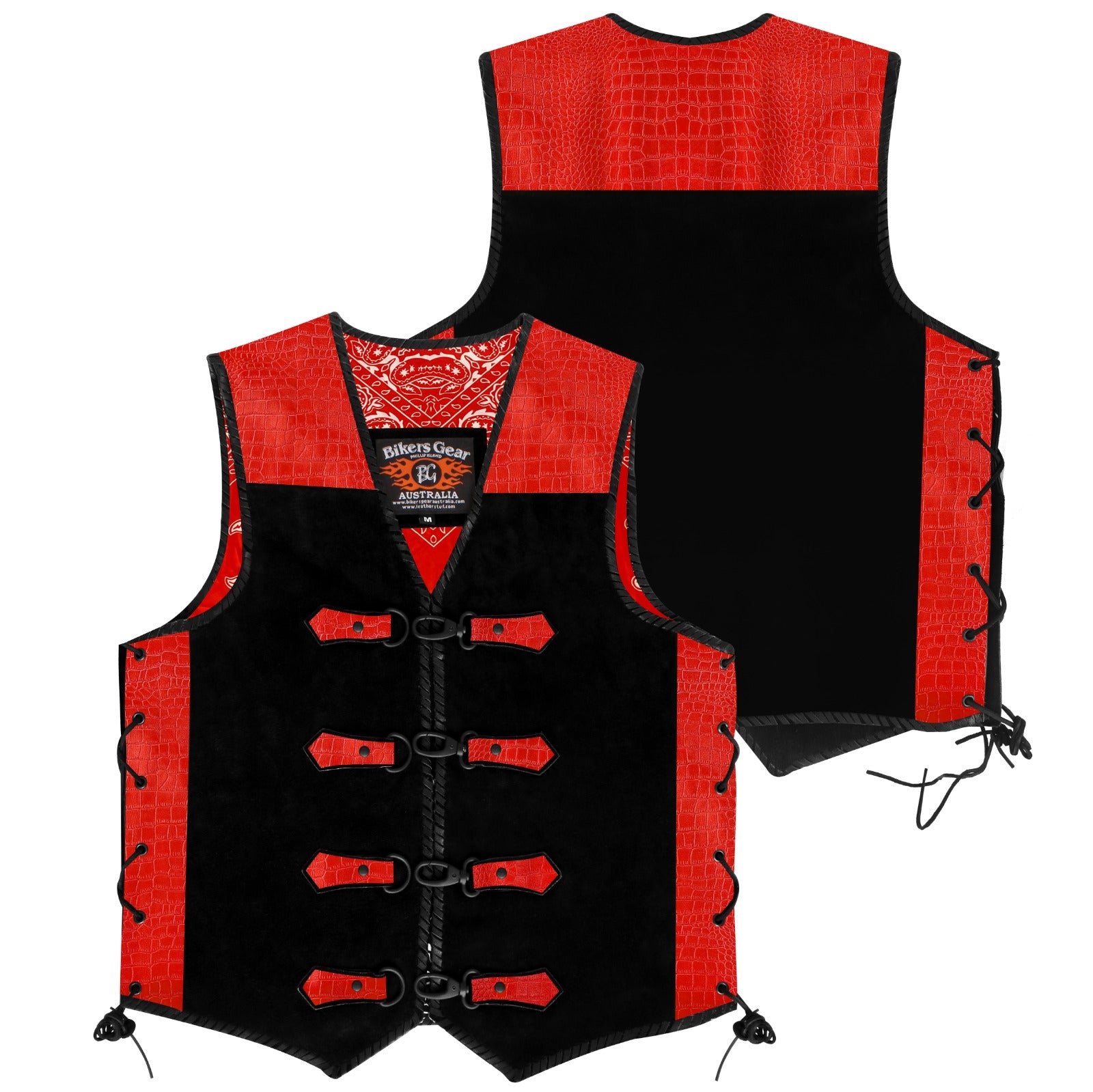 ROAD HOUSE Print Crocodile Pattern Suede Leather Motorcycle Vest (RED)