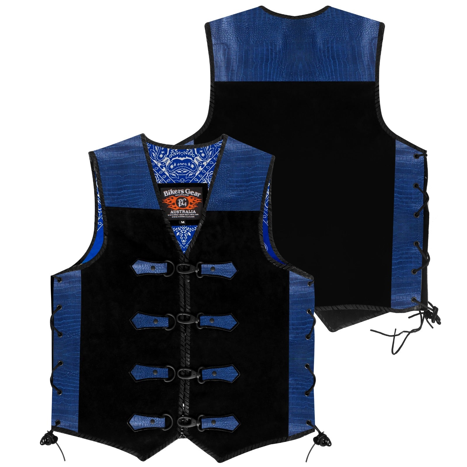 ROAD HOUSE Print Crocodile Pattern Suede Leather Motorcycle Vest (BLUE)